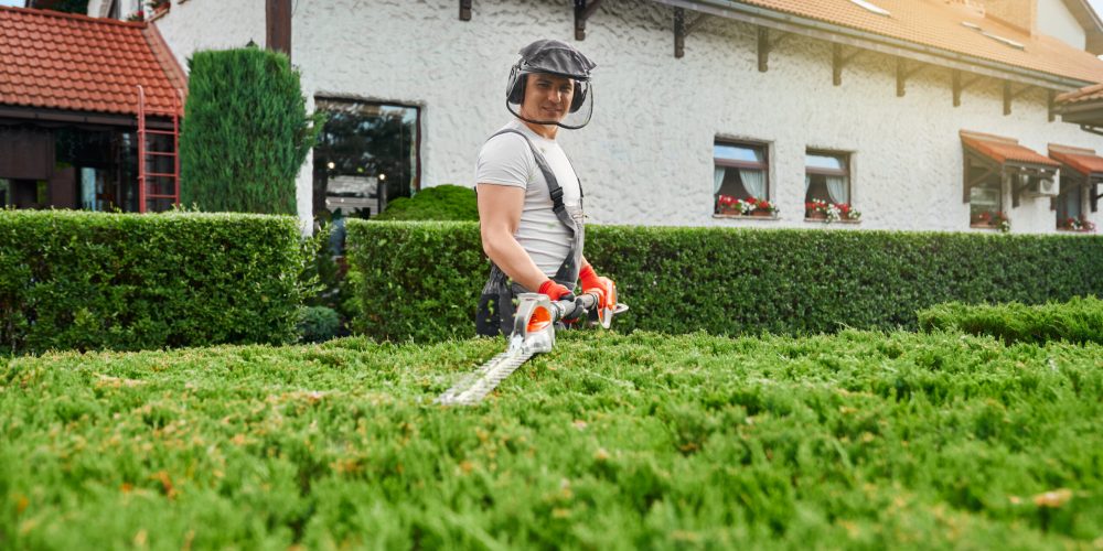 Handsome young man in working uniform, protective glasses and gloves pruning green bushes at garden during summer time. Concept of seasonal work and landscaping.